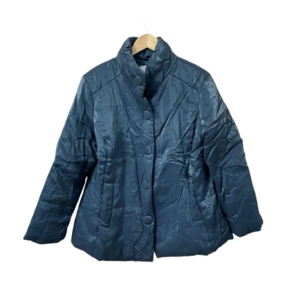 J. Jill Black Puffer Coat Snap Buttons Iridescent Metallic Quilted Winter